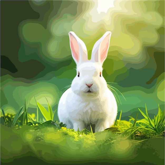 森林に囲まれたふわふわした野生動物のウサギとかわいいウサギがいる漫画のイメージの夏の森林風景