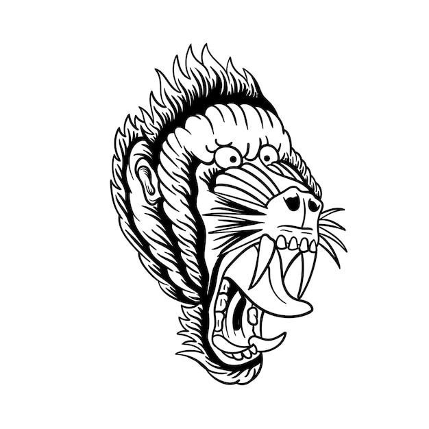 Карикатурное изображение головы тигра с большим ртом и большим носом.