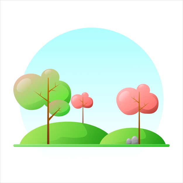A cartoon image of trees with pink