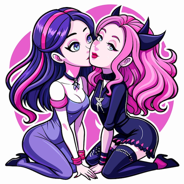 Vector a cartoon image of two girls and one with pink hair and the other with the other one saying  devil