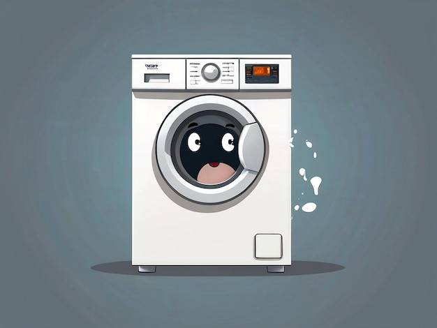 Un'immagine di cartone animato di una lavatrice con una faccia sulla parte anteriore