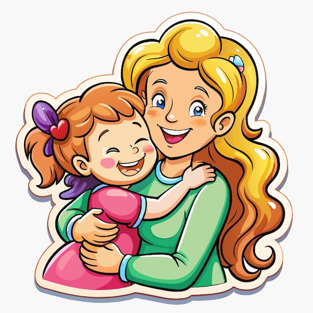 a cartoon image of a woman hugging a baby and smiling