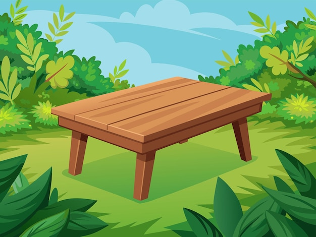 a cartoon image of a wooden bench in the grass with trees and bushes