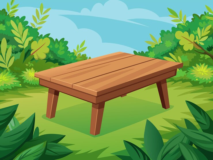 Vector a cartoon image of a wooden bench in the grass with trees and bushes