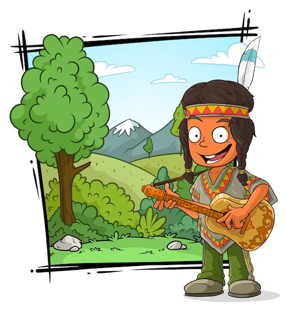 Personaggio dei cartoni animati ragazzo indiano in poncho con chitarra