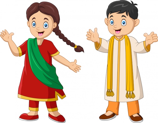 Vector cartoon indian couple wearing traditional costumes