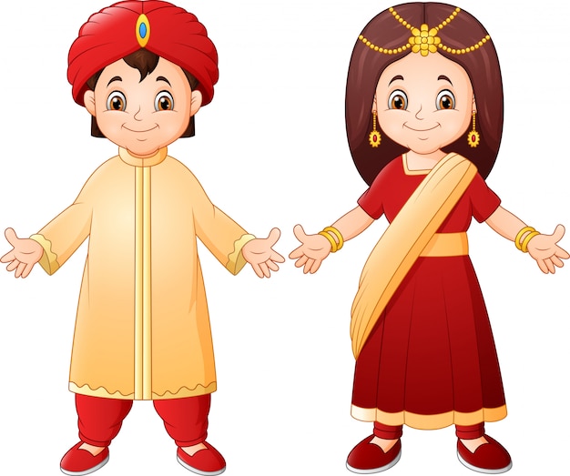 Мультяшная индийская пара в традиционных костюмах