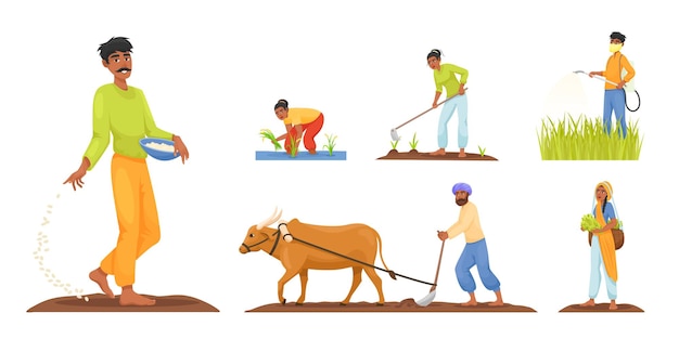 만화 인도 농부 농장 마을 인도의 전통적인 시골 농부 농업 Gardering Plowing 필드 농민 남자 여자와 농부 동물 정확한 벡터 일러스트