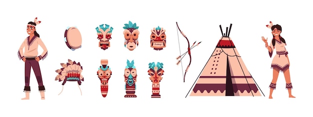 Indiani dei cartoni animati persone azteche o maya uomo o donna con sciamano rituale maschera tiki copricapo di piume e totem collezione tribale tamburo e arco con frecce parrucca tradizionale vettoriale