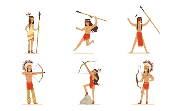 Cartoon Indians with bows and spears Set of vector illustrations