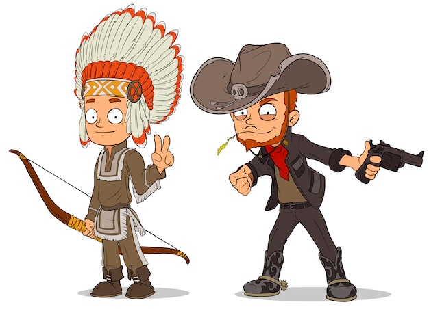 Cartoon indiase jongen en cowboy tekenset