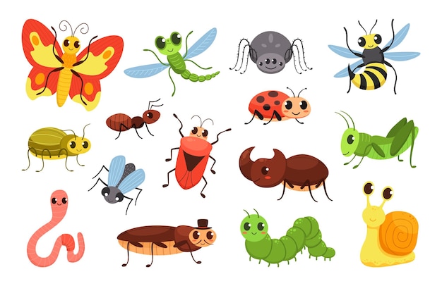 Cartoon insecten gelukkig bugs schattige kleine kever en glimlachte rups Wildlife insect vector illustratie set van vlieg en bug insect karakter Vlieg en bug insect van karakter wildlife