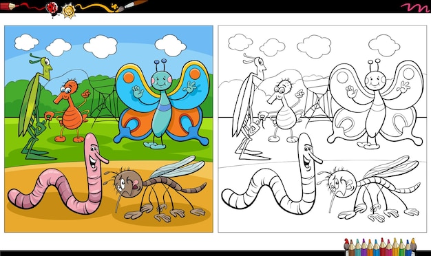 Vector cartoon insects characters group coloring book page