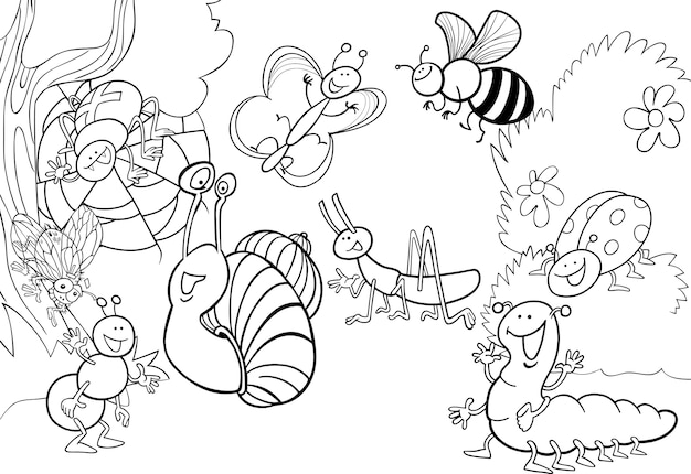 cartoon insects on the meadow for coloring