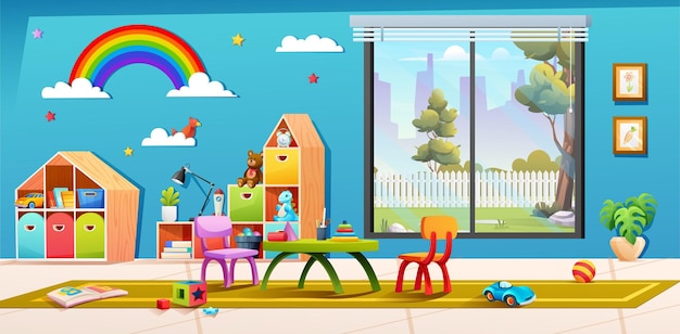 Vector cartoon interior design of kindergarten classroom with toys and furniture