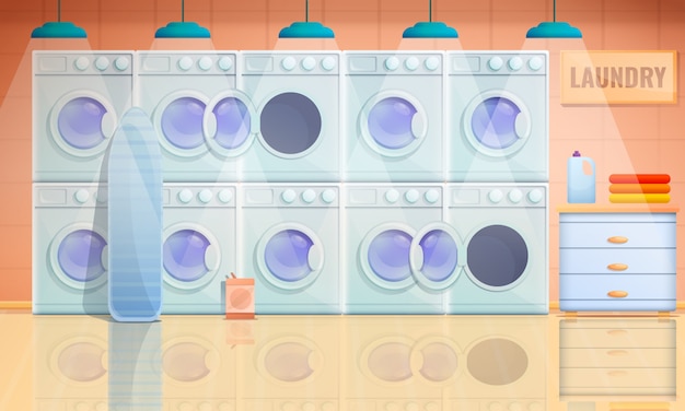 Cartoon interior of laundry room with washing machines, vector illustration