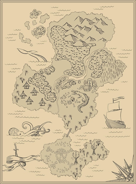 Vector cartoon island map template for next level game adventures treasure hunt pirate map with octopus scorpion sharks snake scull hand drawn vector illustration vintage background