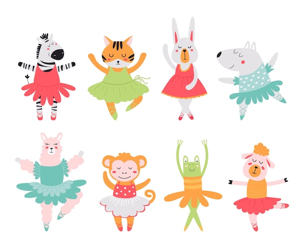 Cartoon isolated ballerina animals Dancing bunny zebra and tiger Ballet animal dance funny scandinavian style classy childish vector clipart Illustration of sweet dress for rabbit and sheep