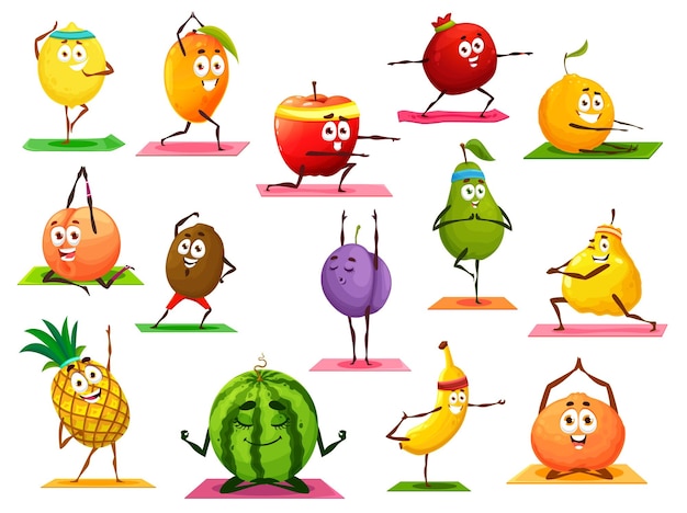 Cartoon isolated fruits on yoga pilates fitness