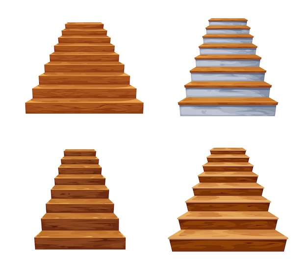 Мультфильм изолированные деревянные, каменные лестницы, лестницы