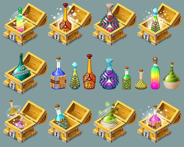 Vector cartoon isometric chests with elixirs