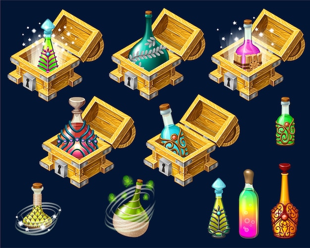 Cartoon isometric chests with elixirs