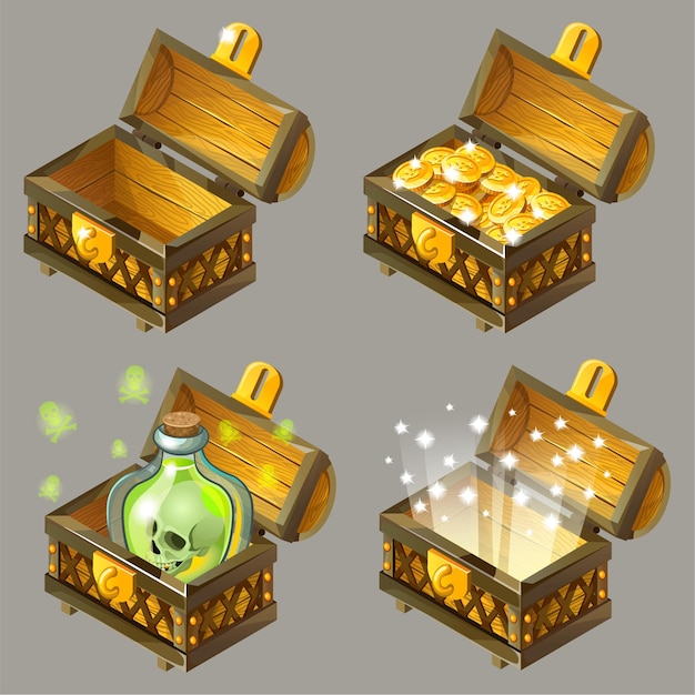 Cartoon isometric chests with treasures.