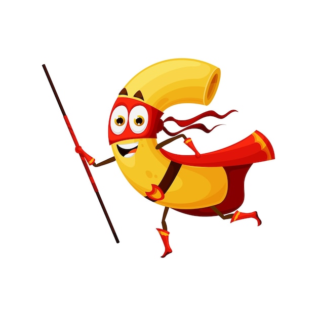 Cartoon Italiaanse macaroni pasta superheld personage vector grappig superheld eten macaroni pasta superheld in rood masker en power mantel cape vecht stok kinderen comic bewaker of verdediger ranger