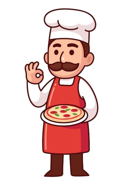 Cartoon italian chef holding pizza making traditional bon appetit gesture cute vector illustration