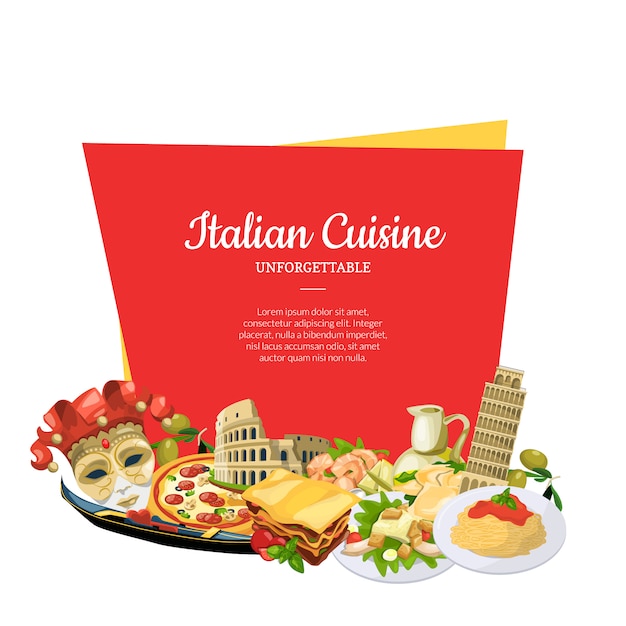 Cartoon italian cuisine elements below frame banner set