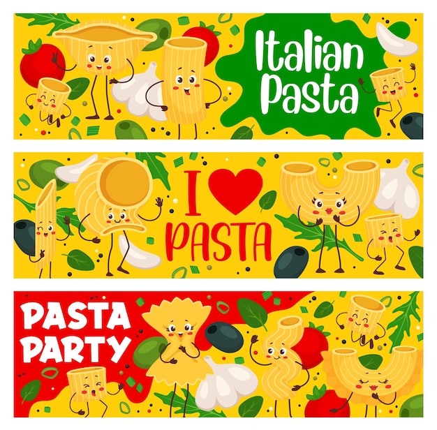 Cartoon italian pasta characters banners flyers