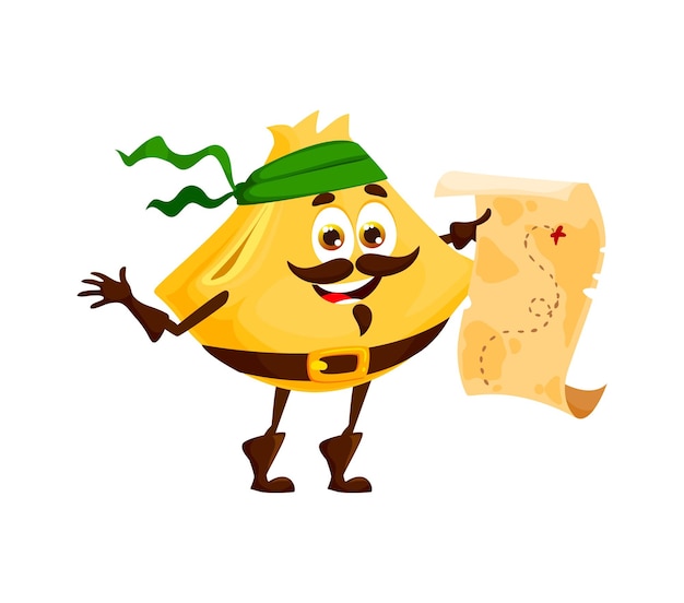Мультфильм итальянский пират пасты или корсар с векторной картой италия макароны персонаж еды счастливый фаготтини буканер бандит эмоджи с антикварной картой острова сокровищ счастливый пират пасты смайлик