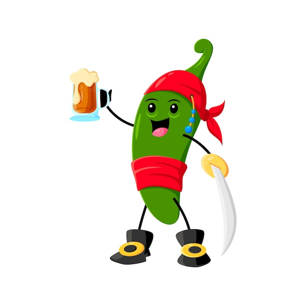 Cartoon jalapeno peper pirate en corsair personage. Isoleerde vector vrolijke zeeman personage dragen rode bandana en riem, met een biermug, het brengen van een pittige en avontuurlijke twist naar de open zee
