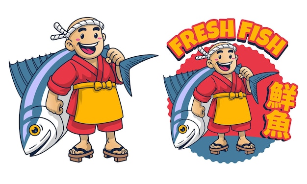 Cartoon Japan Fish Seller with Giant Fish japanese text mean Fresh Fish