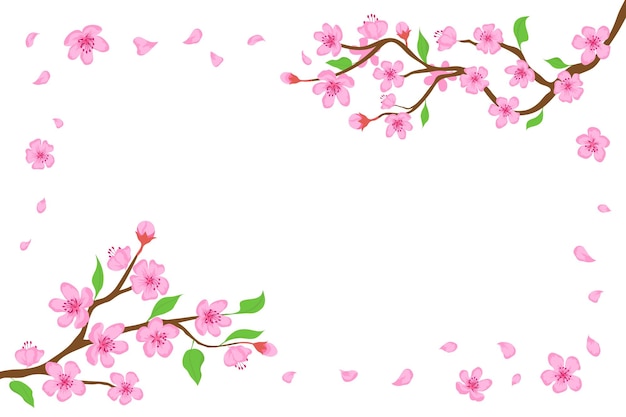 Cartoon japanese cherry blossom and falling petals background. Sakura branches with pink flowers banner Blooming spring tree vector frame. Japanese traditional plant with beautiful buds