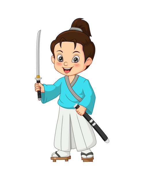 Мультяшный японский мальчик-самурай с мечом