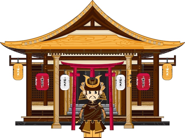  Cartoon Japanese Samurai Warrior Outside Ancient Temple History Illustration