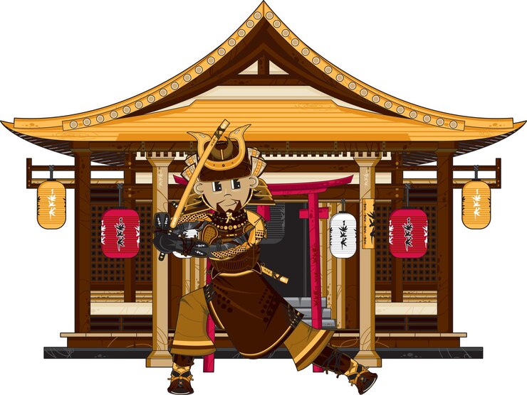 古代寺院の歴史のイラストの外の刀を持つ漫画日本のサムライ戦士