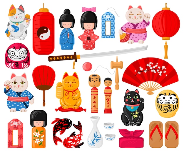 Мультяшные японские символы. Восточные традиционные игрушки, манэки-нэко, омамори, дарума и куклы кокэси набор векторных иллюстраций. Милая японская культура. Традиционная японская восточная культура, японский сувенир