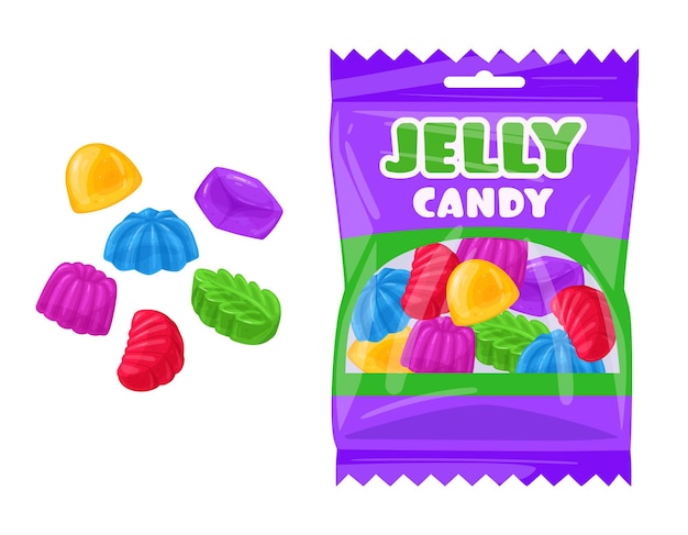 Vector cartoon jelly candy package chewy marmalade packaging tasty sweets in plastic bag flat vector illustration fruit flavored sweets pack