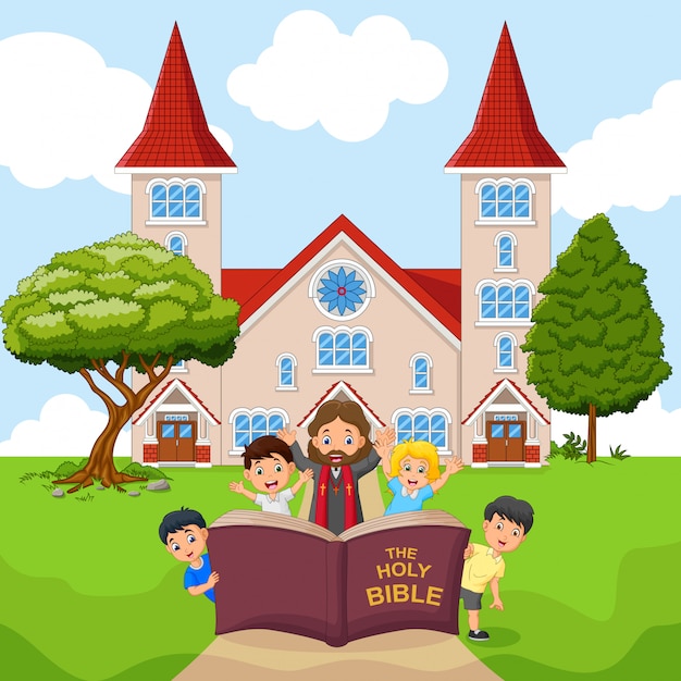 Cartoon Jesus with children in a church