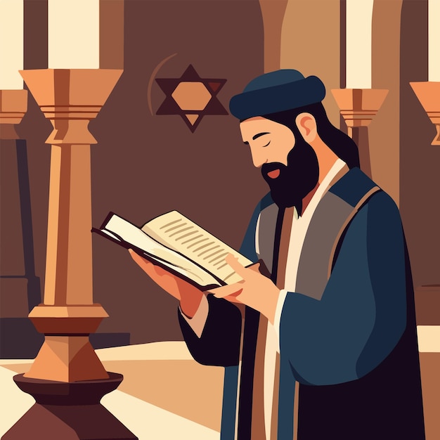 ベクトル ラビとシナゴーグ寺院の屋内インテリアの平らな画像を使用した漫画のユダヤ人のキャラクター構成