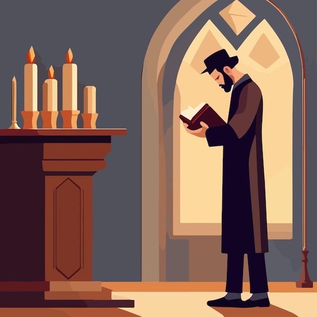 Cartoon jew character composition with flat images of synagogue temple indoor interior with rabbi