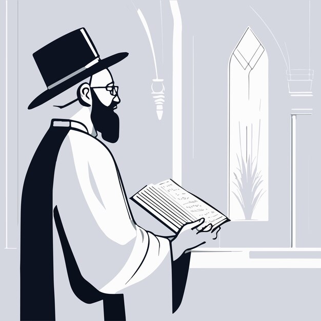 Cartoon jew character composition with flat images of synagogue temple indoor