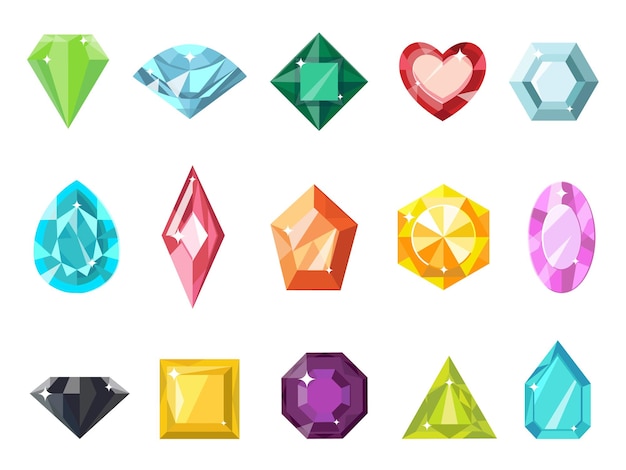 Vector cartoon jewelry gem stone, diamond and brilliant icons. flat gemstone for game. shiny crystal, emerald, ruby heart and aquamarine vector set