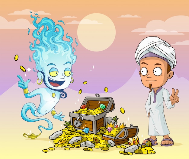 Cartoon jinn and arabian boy with treasure chest