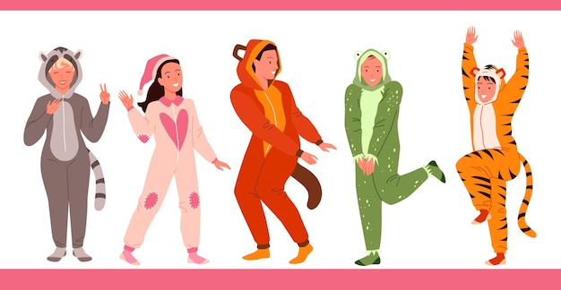 Vector cartoon jonge grappige vrolijke karakters hebben plezier met het dragen van schattige dierenpyjama's, nachtkleding, springen en dansen