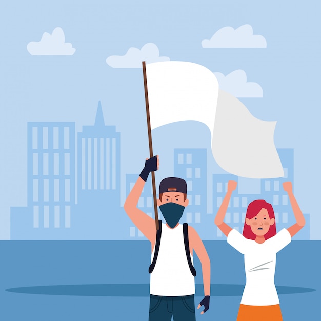 Cartoon jonge man en vrouw protesteren met een witte vlag