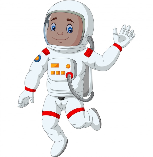 Cartoon jongen astronaut zwaaiende hand