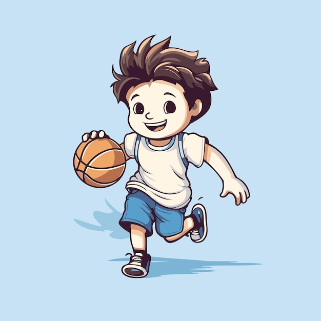 Cartoon jongen basketbal spelen op blauwe achtergrond Vector illustratie van een jongen basketballen spelen